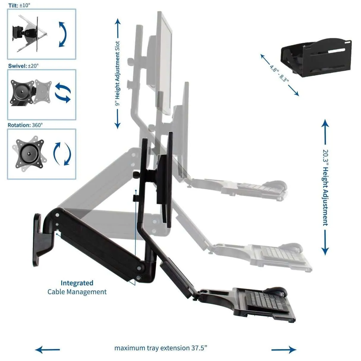 VIVO Black Sit-to-Stand Single Monitor Wall Mount Workstation, STAND-SIT1WD