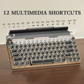 Wired & Wireless Retro Multi-Device Mechanical Typewriter, Compact 80% Layout Keyboard, Hotswappable, Wireless 5.0, Round Keycaps, LED Backlit, For Windows/IOS/Android/Linux