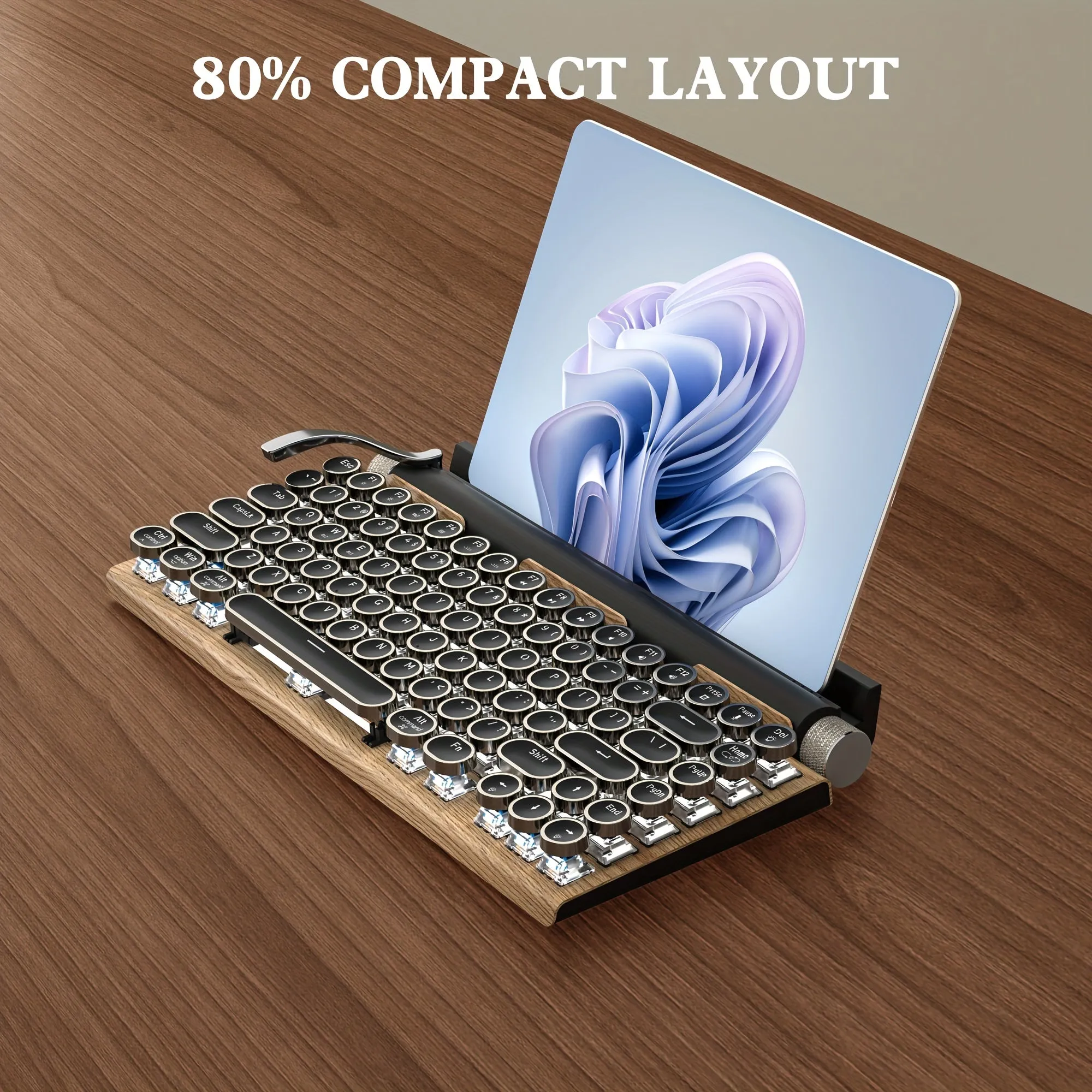 Wired & Wireless Retro Multi-Device Mechanical Typewriter, Compact 80% Layout Keyboard, Hotswappable, Wireless 5.0, Round Keycaps, LED Backlit, For Windows/IOS/Android/Linux