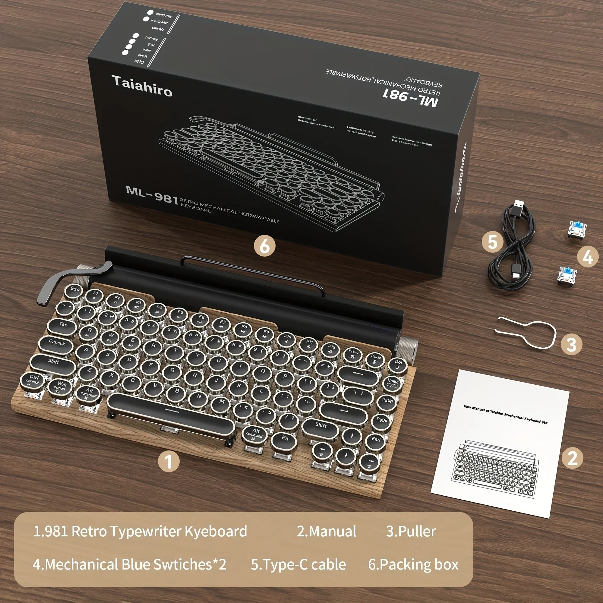 Wired & Wireless Retro Multi-Device Mechanical Typewriter, Compact 80% Layout Keyboard, Hotswappable, Wireless 5.0, Round Keycaps, LED Backlit, For Windows/IOS/Android/Linux