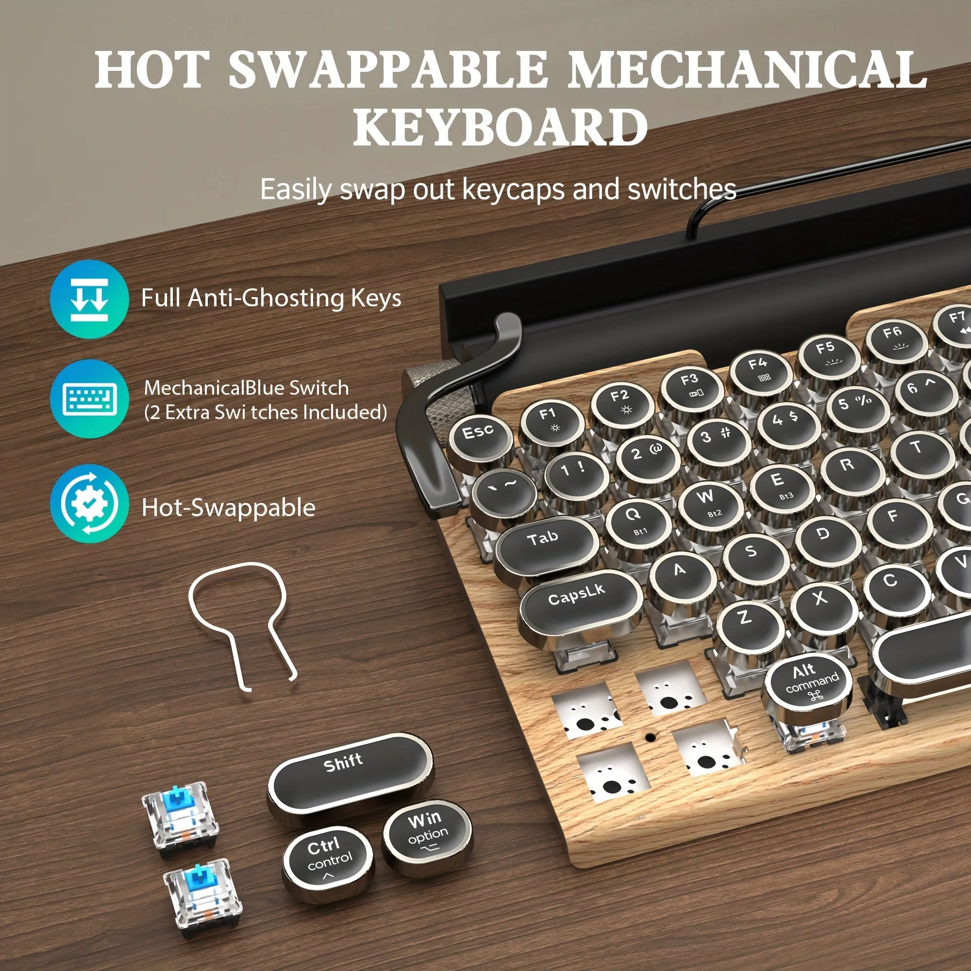 Wired & Wireless Retro Multi-Device Mechanical Typewriter, Compact 80% Layout Keyboard, Hotswappable, Wireless 5.0, Round Keycaps, LED Backlit, For Windows/IOS/Android/Linux