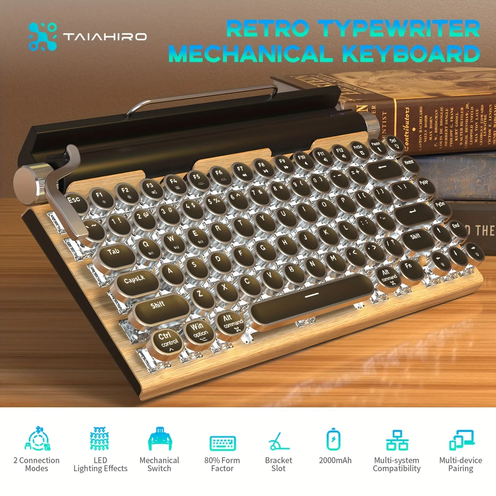 Wired & Wireless Retro Multi-Device Mechanical Typewriter, Compact 80% Layout Keyboard, Hotswappable, Wireless 5.0, Round Keycaps, LED Backlit, For Windows/IOS/Android/Linux