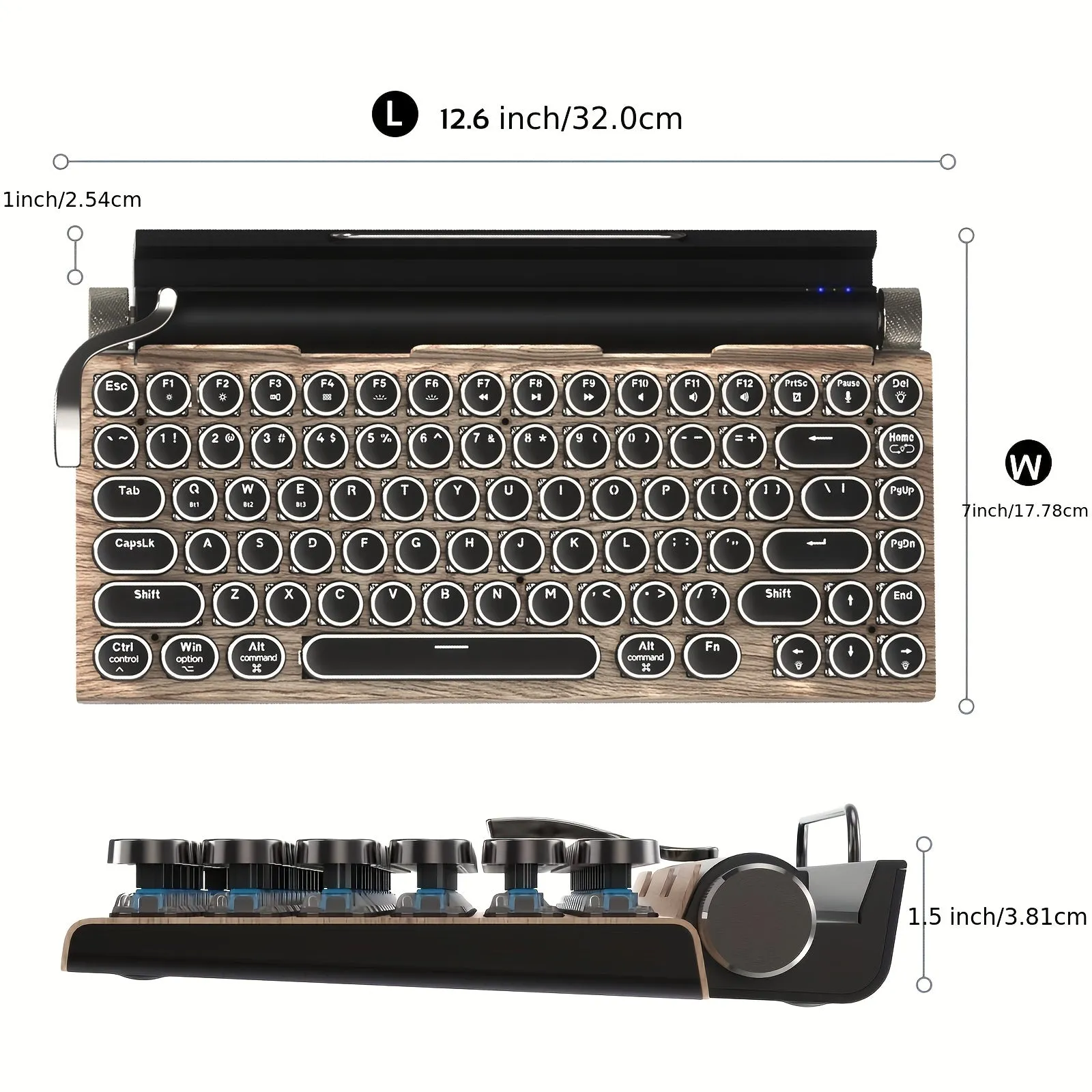 Wired & Wireless Retro Multi-Device Mechanical Typewriter, Compact 80% Layout Keyboard, Hotswappable, Wireless 5.0, Round Keycaps, LED Backlit, For Windows/IOS/Android/Linux