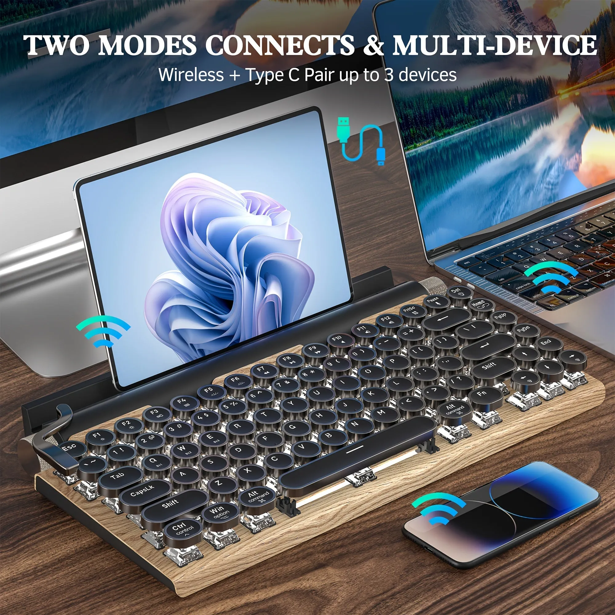 Wired & Wireless Retro Multi-Device Mechanical Typewriter, Compact 80% Layout Keyboard, Hotswappable, Wireless 5.0, Round Keycaps, LED Backlit, For Windows/IOS/Android/Linux